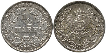 ГЕРМАНИЯ 1/2 МАРКИ 1911 A KM 17, J. 16, Weege 16 серебро 4448-741