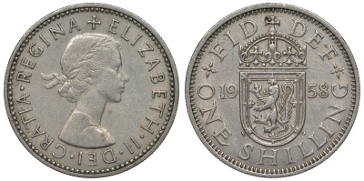Великобритания 1 шиллинг 1958 Елизавета II (1952-2022), Шотландский герб KM 905, Spink 4148 медно-никель 71-1144