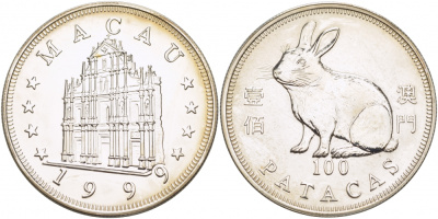 Макао 100 патака 1999 лунный календарь, год кролика KM 92 серебро UNC 01-168-43