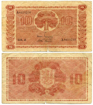 ФИНЛЯНДИЯ 10 МАРОК 1945 БУКВА А Pick 77а бумага 7484-40-2