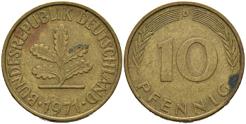 ФРГ 10 пфеннигов 1971 D KM 108, J. 383 сталь плакированная латунью 4681-1133