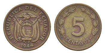 Эквадор 5 сентаво 1944 D KM 75a латунь 4640-1119