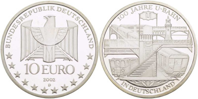 ФРГ 10 евро 2002 D, 100 лет немецкому метро KM 216, DE.S. 10.2 серебро PROOF 1085-5-34