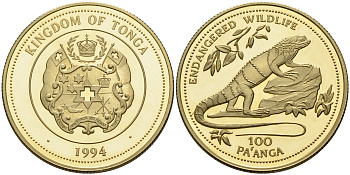 Тонга 100 паанга 1994 Пятнистобрюхая фиджийская игуана, серия сохраним наш мир, тираж 2000 экземпляров KM 165 золото PROOF 10-020-53