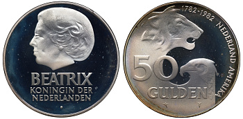 Нидерланды 50 гульденов 1982 голландско-американская дружба, королева Беатрикс, в оригинальной коробке, с сертификатом KM 207 серебро PROOF 7-4-1-47