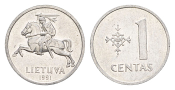 Литва 1 цент 1991 KM 85 алюминий aUNC 4632-567