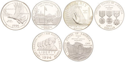 США официальный набор из 3 монет (1 доллар) 1994 Мемориал ветеранов Вьетнама, Национальный музей военнопленных и Мемориал женщинам на военной службе KM 250, 251 и 252 серебро PROOF 2-4-2-02