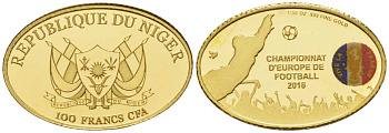 Нигер 100 франков 2016 Чемпионат Европы по футболу во Франции, овал, эмаль золото PROOF 00-820-40