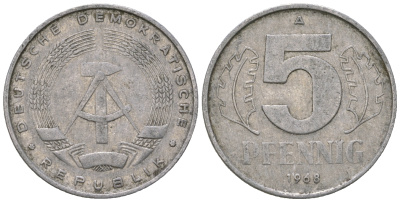 ГДР 5 пфеннигов 1968 А KM 9.1 алюминий 4625-136
