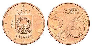 Латвия 5 евроцентов 2014 KM 152 сталь плакированная медью UNC 4694-1028