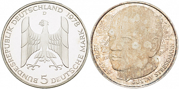 ФРГ 5 марок 1978 D, 200 лет со дня рождения Густава Штреземана J. 422, KM 147 серебро PROOF 1087-2-73