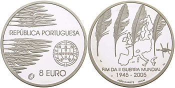 Португалия 8 евро 2005 60 лет окончания 2-ой мировой войне KM 773а серебро PROOF 02-087-22