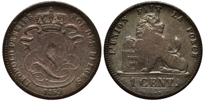 Бельгия 1 сантим 1859 BELGES, NARROW RIMS KM 1.2 медь 4127-321