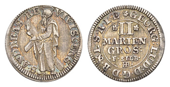 Брауншвейг-Каленберг-Ганновер 2 мариенгроша ND (1698-1714) HB, Георг I (1698-1727), из коллекции Ричарда Б. Смита Welter 2200 серебро 1525-645