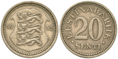 Эстония 20 центов 1935 Республика (1918-1941) KM 17 никель бронза 4615-1123