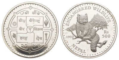 Непал 500 рупий 1992 BS 2049, Вымирающие виды - Красная панда KM 1090 серебро PROOF 3711-2044