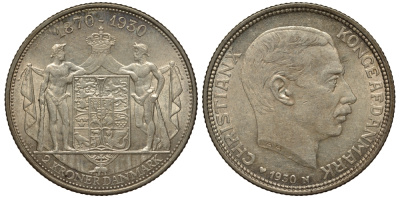 Дания 2 кроны 1930 N; AH, 60 лет королю Кристиану X (1870-1930) KM 829 серебро 1531-111