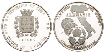 Куба 5 песо 1990 Чемпионат мира по футболу 1990, Италия, Герб Гаваны KM 290 серебро PROOF 603-512