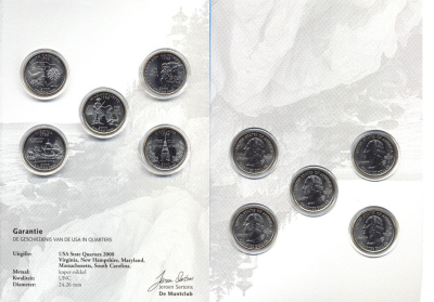 США набор из 5 квотеров 2000 штаты США: Южная Каролина, Вирджиния, Массачусетс, Мэриленд, Нью-Гемпшир KM 307, 309, 305, 306, 308 медно-никель UNC 7-6-1-30