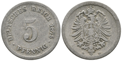 ГЕРМАНИЯ 5 ПФЕННИГОВ 1875 D, СТАРОГЕРБОВКА KM 3, J. 3 медно-никель 39-349