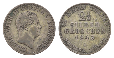 Пруссия 2 1/2 серебреных гроша 1843 A, Фридрих Вильгельм IV (1840-1861) KM 444 серебро 4122-352