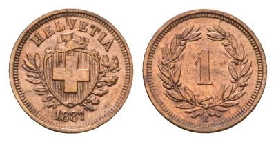 Швейцария 1 раппен 1887 B KM 3.1 бронза 1530-1341