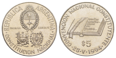 Аргентина 5 песо 1994 Национальное Учредительное собрание KM 115 медно-никель BU 4537-614