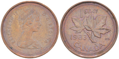 Канада 1 цент 1983 кленовый лист, Елизавета II KM 132 бронза 187-416