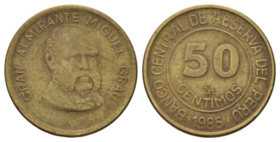 Перу 50 сентаво 1985 Мигель Грау Семинарио KM 295 латунь 4167-213