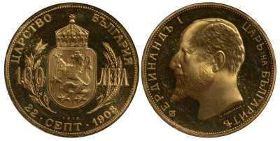 Болгария 100 левов 1912 Фердинанд I, официальный рестрайк 1967-1968 KM 34 золото PROOF 00-000-00