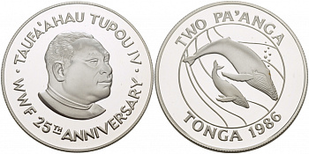 Тонга 2 паанга 1986 серия 25 лет защиты окружающей среды, кит кашалот KM 121 серебро PROOF 1068-5-64