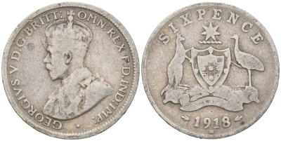 Австралия 6 пенсов 1918 M, Георг V (1910-1936), редкий год KM 25 серебро 4623-151