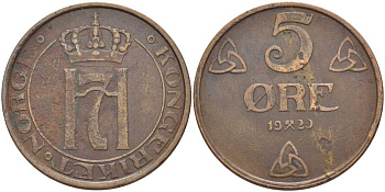 НОРВЕГИЯ 5 ЭРЕ 1929 ХОКОН VII (1905-1957) KM 368 бронза 115-811