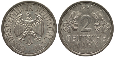 ФРГ 2 марки 1951 J J.386 KM 111 медно-никель плакированный никелем 1529-314