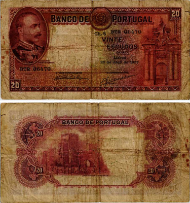 Португалия 20 эскудо 1937 Моузинью де Албукерке, замок Гимарайнш Pick 143  бумага   451-304-3