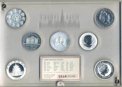США набор из 7 монет 2009 №3568, WALL STREET INVESTMENT, в деревянной коробке, сертификат  серебро  UNC,  PROOF 5-4-5-09