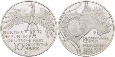 ФРГ 10 МАРОК 1972 G, ОЛИМПИАДА, СТАДИОН KM 133, J.404 серебро UNC 4127-124