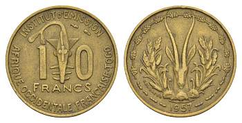 Французская Западная Африка 10 франков 1957 Центральный банк государств Западной Африки KM 8 медь алюминий 4642-224