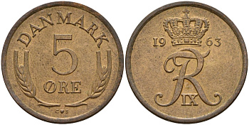 Дания 5 эре 1963 C; S, Фредерик IX (1947-1972) KM 848.1 бронза 4150-912