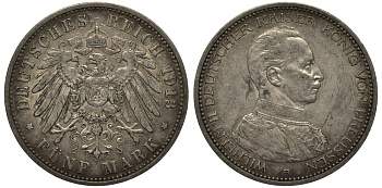 Пруссия 5 марок 1913 Вильгельм II в мундире KM 536, J.114 серебро 3711-415