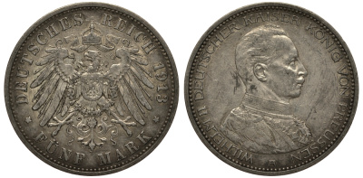 Пруссия 5 марок 1913 Вильгельм II в мундире KM 536, J.114 серебро 3711-415