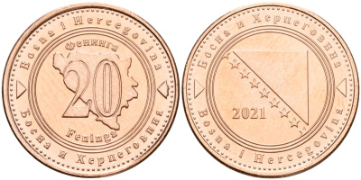 Босния и Герцеговина 20 фенигов 2021 KM 116 сталь плакированная медью UNC 4514-1022