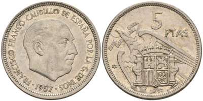 Испания 5 песет 1957 (71) Франсиско Франко (1939 - 1975) KM 786 медно-никель 4155-553