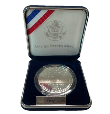 США 1 доллар 2002 P, XIX зимние Олимпийские Игры, Солт-Лейк-Сити 2002, в оригинальной коробке, с сертификатом KM 336 серебро PROOF 3-6-2-05