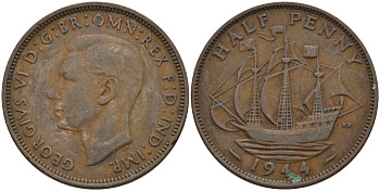 Великобритания 1/2 пенни 1944 Георг VI (1936-1952) KM 844, Spink 4115 бронза 4146-235