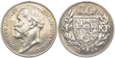 ЛИХТЕНШТЕЙН 1 КРОНА 1900 ПРИНЦ ДЖОН II (1858-1929) KM 2 серебро 119-126