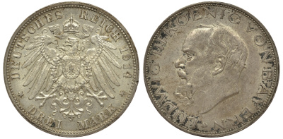 Бавария 3 марки 1914 D, Людвиг III (1913-1918) Weege 52, J. 52, KM 520 серебро 413-5713