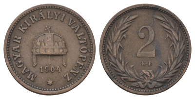 Венгрия 2 филлера 1904 KB, Франц Иосиф I (1848-1916) KM 481 бронза 4659-312