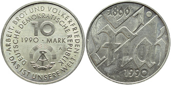 ГДР 10 марок 1990 A, 100 летие празднования 1 мая KM 136, J. 1637 медно-никель UNC 4394-325