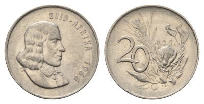 ЮАР 20 центов 1966 Ян ван Рибек (1619-1677), Suid Africa, легенда на африкаанс, цветок протея KM 69.2 никель 4693-654